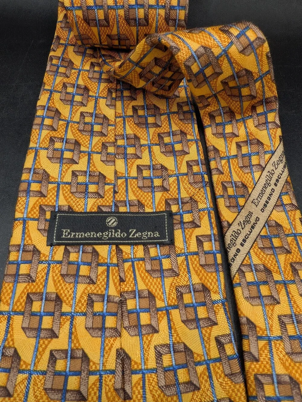 Ermenegildo Zegna 100% Silk Neck Tie, Golden Geometric Design